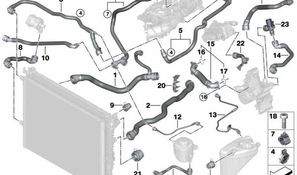 Tubería de retorno de refrigerante OEM 17128678497 para BMW G30, G31, G32, G11, G12. Original BMW.