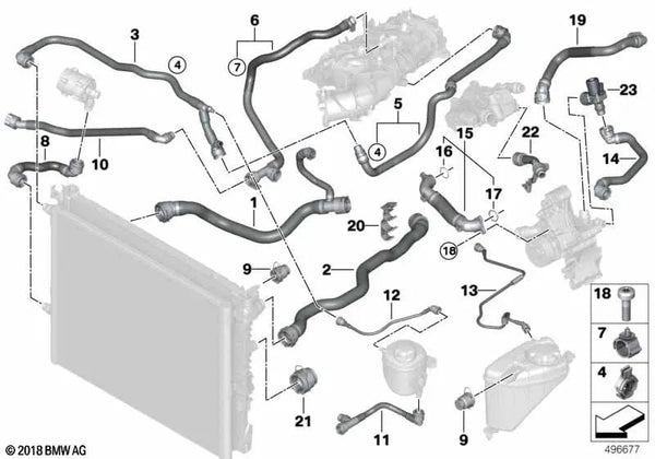 Línea de refrigerante de avance para BMW G30, G31, G32, G11N, G12N (OEM 17128678496). Original BMW.