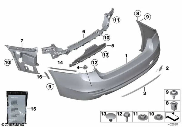 Carcasa del parachoques trasero imprimada para BMW Serie 3 F30N (OEM 51127384605). Original BMW