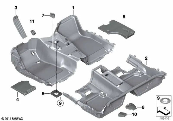 Revestimiento del suelo delantero para BMW Serie 3 F30, F31, F35, F80 (OEM 51477846524). Original BMW.