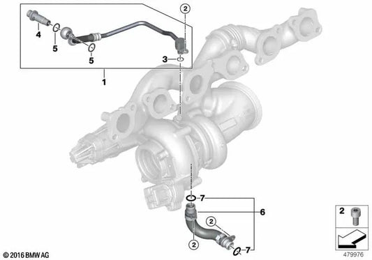 Turbocharger oil supply pipe for BMW G12, G12N (OEM 11428654387). Original BMW