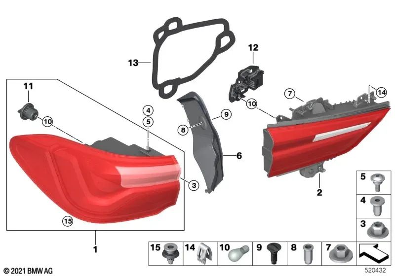 Rear tailgate tail light lamp holder right for BMW X2 F39 (OEM 63217489480). Original BMW