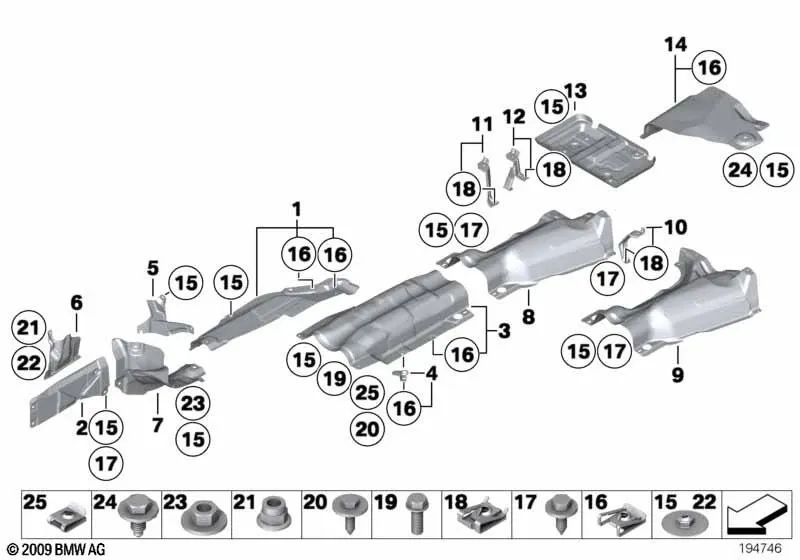 Aislamiento térmico del silenciador trasero para BMW Serie 1 E81, E82, E87, E87N, E88 X1 E84 (OEM 51487059356). Original BMW.