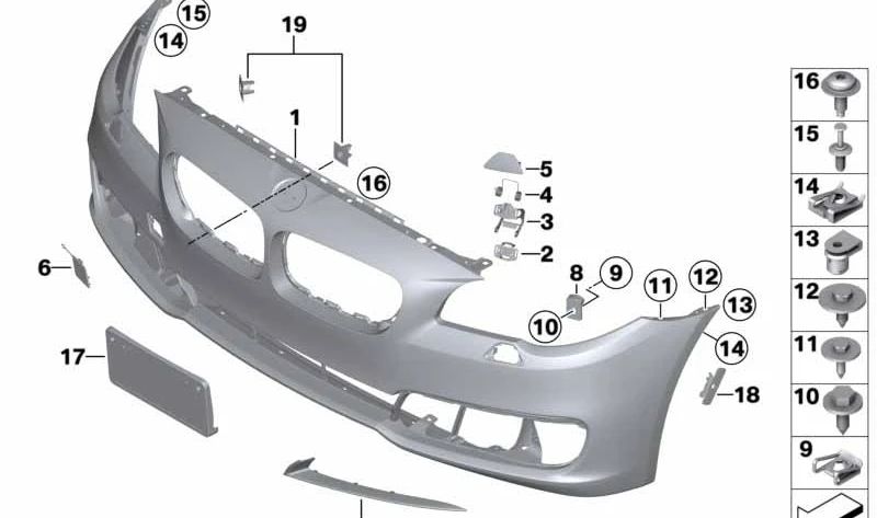 Cubierta del gancho de remolque imprimada delantera para BMW F10N, F11N, F18N (OEM 51117332682). Original BMW