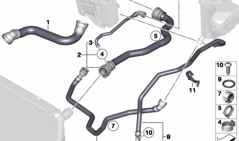 Coolant hose for BMW 3 Series E90N, E91N, E92N, E93N, X1 E84 (OEM 17127811125). Original BMW.