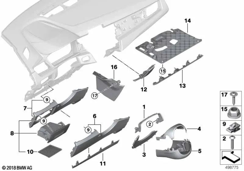 Embellecedor del Centro de Consola, Lado del Pasajero para BMW F45, F46 (OEM 51459327330). Original BMW.