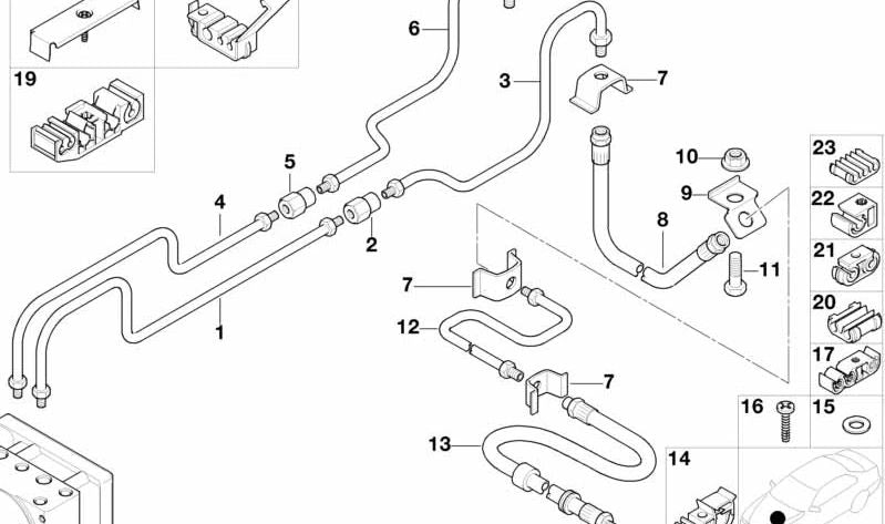 Manguera de freno trasera para BMW Serie 3 E21, E30, E36, Serie 5 E28, E34, Serie 6 E24, Serie 7 E23, E32, Serie 8 E31 (OEM 34321159881). Original BMW.