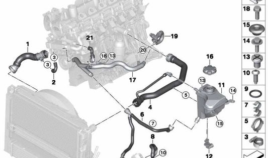 Lower radiator hose for BMW E90, E91, E92 (OEM 17127796271). Original BMW.