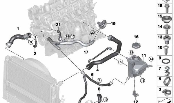 Manguera inferior del radiador para BMW E90, E91, E92 (OEM 17127796271). Original BMW.