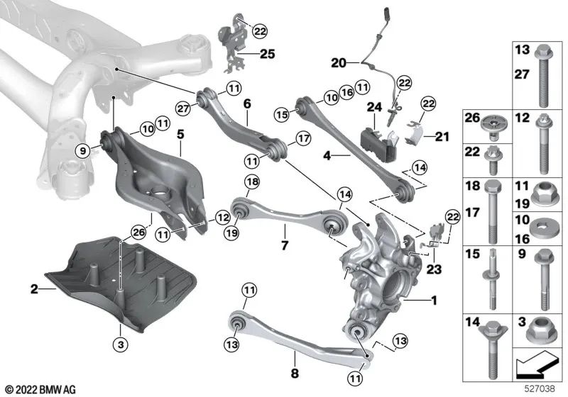 Droparm mit Gummibuchse für BMW E46, F30, F80 (OEM 33326895251). Original BMW.