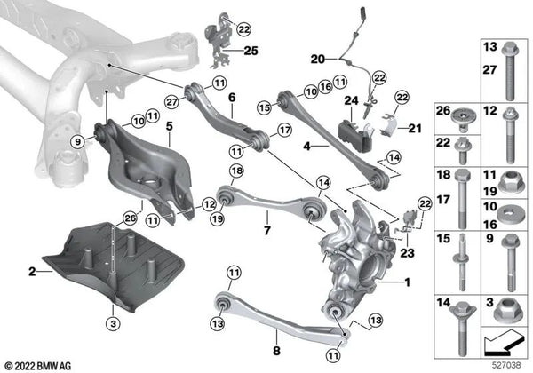 Brazo de caída con cojinete de goma para BMW E46, F30, F80 (OEM 33326895251). Original BMW.