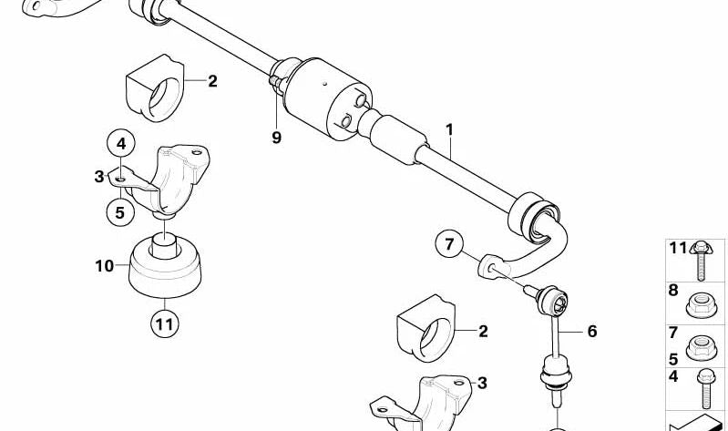 Soporte estabilizador derecho OEM 37126760734 para BMW E60, E61, E63, E64. Original BMW.