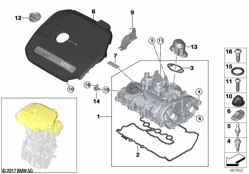 Junta de perfil de la tapa de la culata para BMW F40 Serie 1, F44, F45N, F46, F46N Serie 2, F48, F48N X1, F39 X2, MINI F54, F54N, F55, F56, F57, F60 (OEM 11128638245). Original BMW.