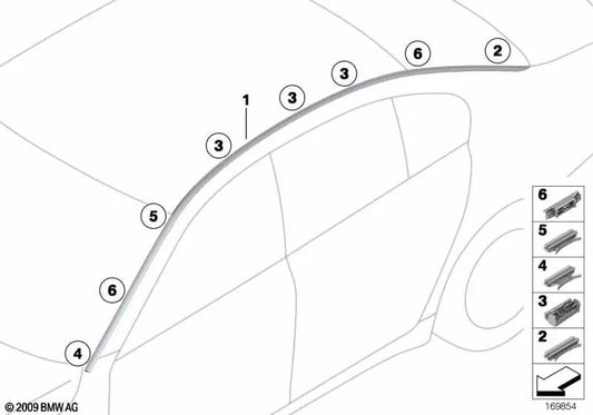 Right roof moulding for BMW F02, F02N, F04 (OEM 51137185056). Original BMW