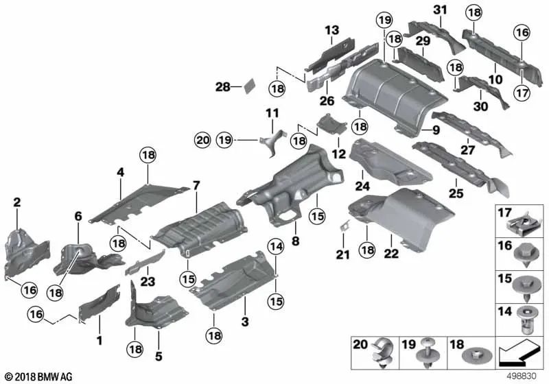 Rear silencer heat insulation for BMW F30, F31, F35, F32, F33, F36 (OEM 51487321619). Original BMW.