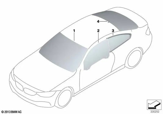 Left rear fixed side glass for BMW 4 Series F32, F32N, F82, F82N (OEM 51377433349). Genuine BMW