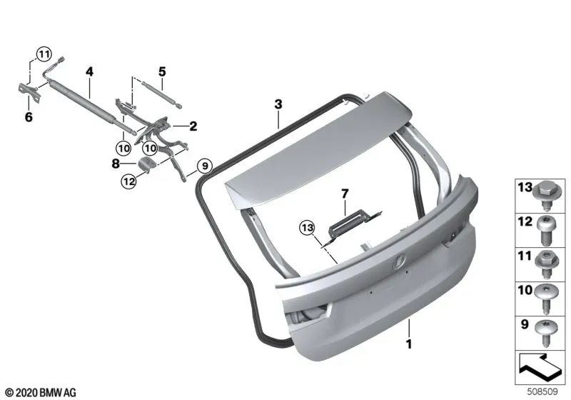 Bisagra de la puerta trasera derecha para BMW Serie 3 G21, G21N, G81 (OEM 41008492962). Original BMW