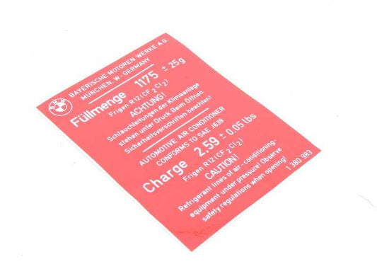 Air conditioning warning plate for BMW E21, E28, E24, E23 (OEM 64501380983). Original BMW.