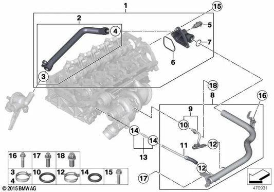 Thermostatschlauch mit Anschluss für BMW F20, F21, F30, F31, F35 (OEM 11537600588). Original BMW