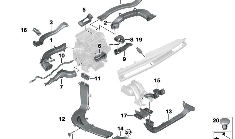 Indirect ventilation air duct for BMW 7 Series G70 (OEM 64229870559). Original BMW.