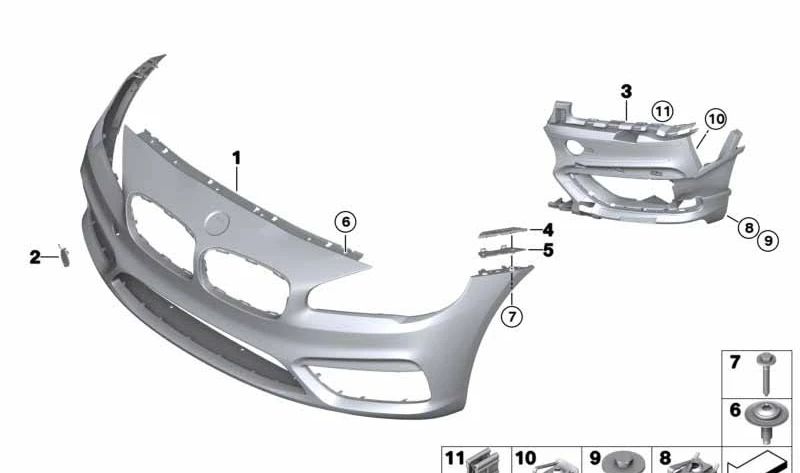 Front bumper trim primed for BMW F45, F46 (OEM 51117407683). Original BMW.