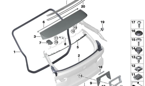 Sellado inferior de luneta trasera OEM 51767453390 para BMW G21 (Serie 3 Touring). Original BMW.