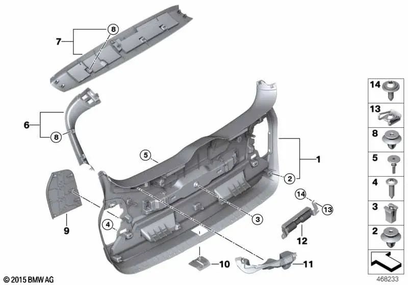 Rear lid upper inner trim for BMW F46, F46N (OEM 51497402868). Genuine BMW.