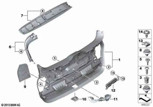 Revestimiento interior superior de la tapa trasera para BMW F46, F46N (OEM 51497402868). Original BMW.