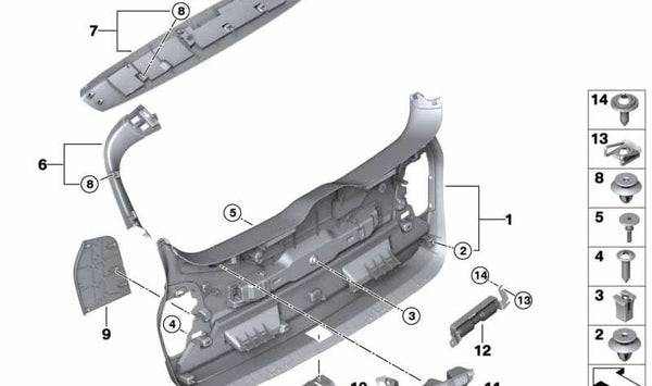 Revestimiento interior izquierdo del portón trasero OEM 51498065341 para BMW F46. Original BMW.