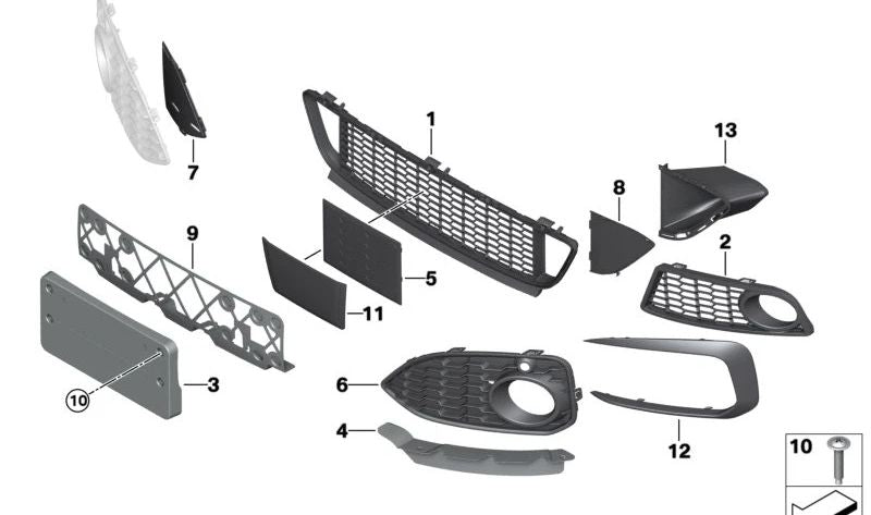 Lower left grille for BMW 1 Series F20N, F21N (OEM 51118068605). Original BMW.