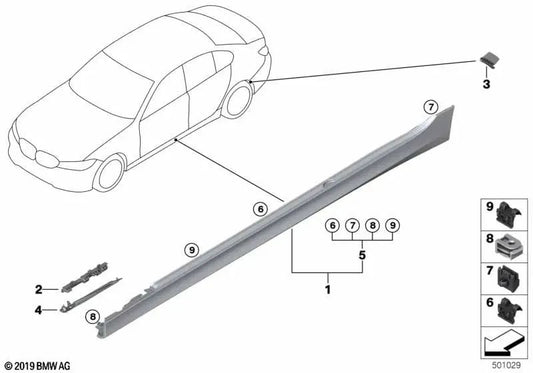 Cubierta del umbral imprimada izquierda para BMW Serie 3 G20, G21 (OEM 51778493951). Original BMW.