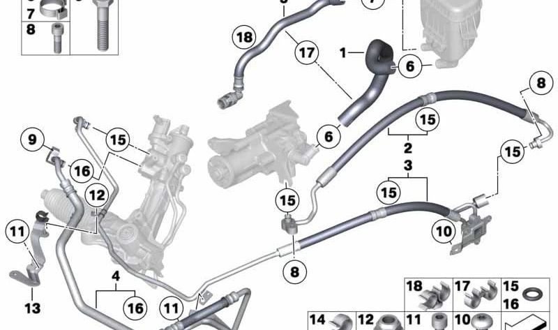 Tubo de retorno dirección asistida OEM 32416789455 para BMW F07, F01, F02. Original BMW