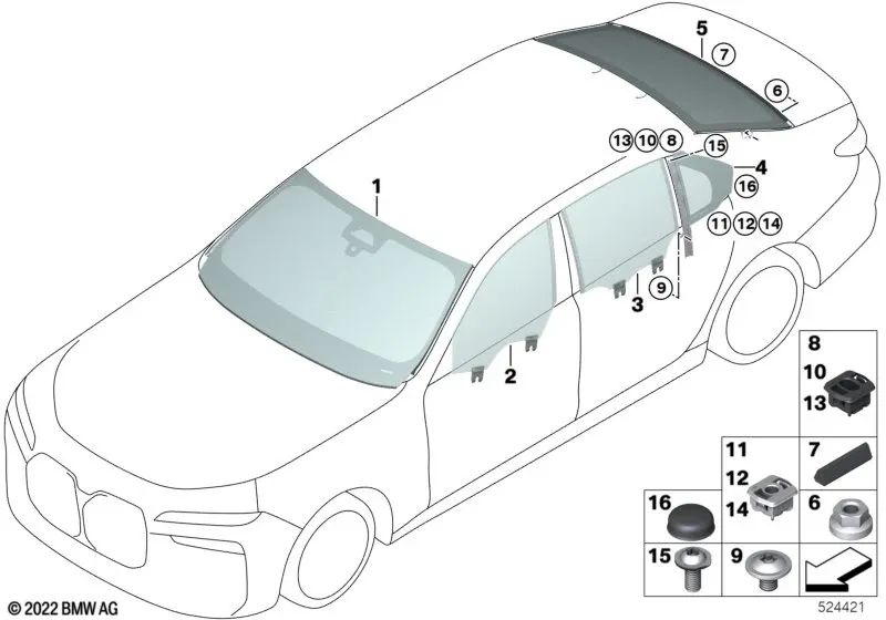 Ventana lateral fija puerta trasera izquierda para BMW G70 (OEM 51355A73093). Original BMW.