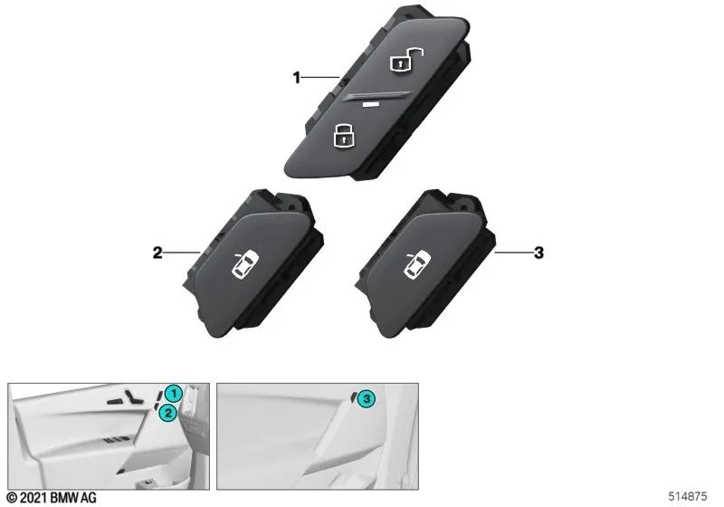 Botón de cierre centralizado derecho para BMW i I20 (OEM 61315A21BC6). Original BMW