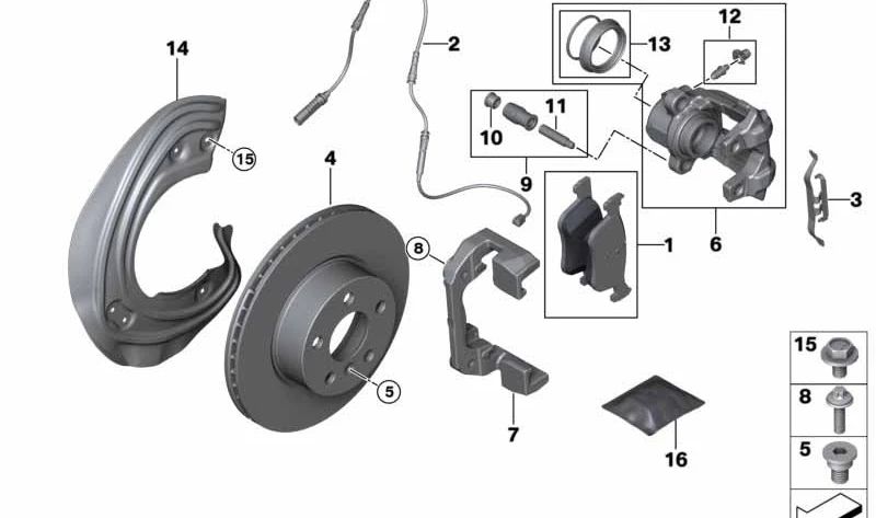 Juego de juntas para pinza de freno para BMW F20, F21, F22, F23, G42, F30, F31, F34, G20, G21, F32, F33, F36 (OEM 34116850646). Original BMW