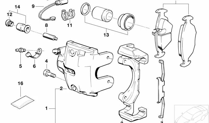 Juego de juntas para la pinza de freno para BMW Serie 3 E36, E46, Serie 5 E34, E39, Serie 7 E32, E38, Serie 8 E31, X5 E53, Z4 E85, E86 (OEM 34111157037). Original BMW