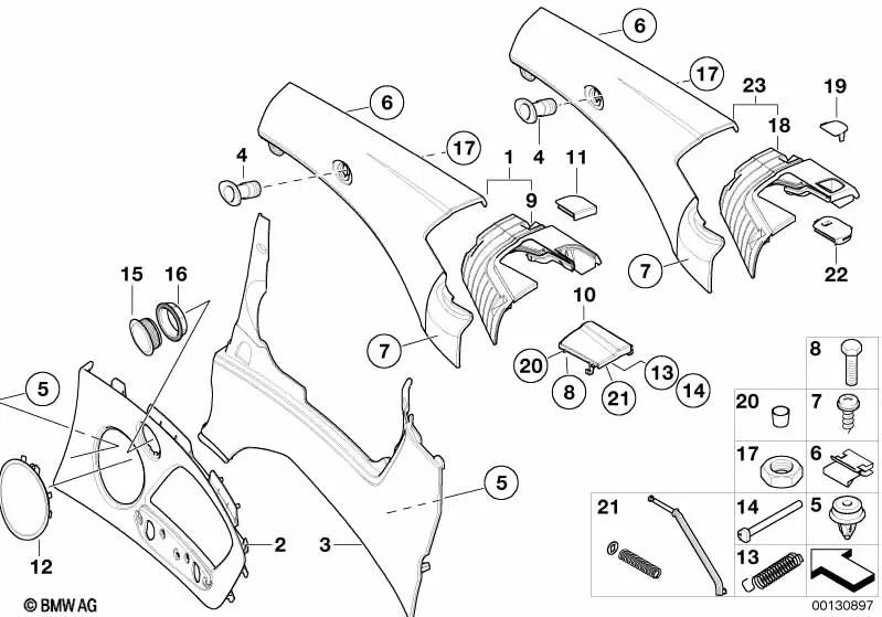 Upper left cover for BMW E46 (OEM 51437147731). Original BMW