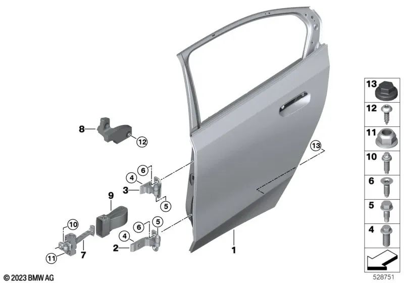 Bisagra de puerta inferior derecha para BMW Serie 5 F90, G30, G31, G38, G60 Serie 6 G32 Serie 7 G11, G12 Serie 8 F93, G16 i I20, X5 F95, G05, G18, X6 F96, G06, X7 G07, XM G09 (OEM 41527420098). Original BMW