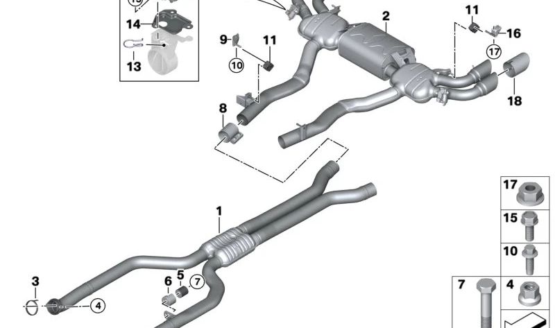 Escape Rubber Support OEM 18308657332 pour BMW G87, G21, G80, G81, G82, G83, G11, G12, G05, G18, F95, G06, F96, G07. BMW d'origine.