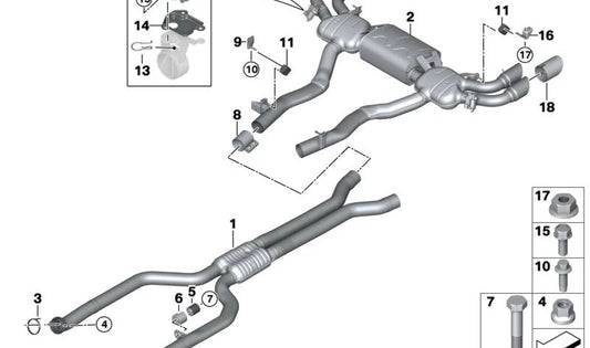 Soporte del silenciador trasero izquierdo para BMW X5 F95, F95N, X6 F96, F96N (OEM 18308098565). Original BMW