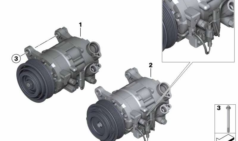 Compresor de aire acondicionado (sin embrague magnético) OEM 64529223695 para BMW F20, F21, F30, F31, F34, F32, F33, F36. Original BMW.