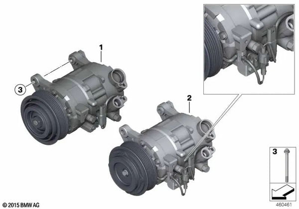 Compresor de aire acondicionado sin embrague magnético para BMW F20, F21, F22, F23, F30, F31, F34, F33, F36 (OEM 64529330831). Original BMW