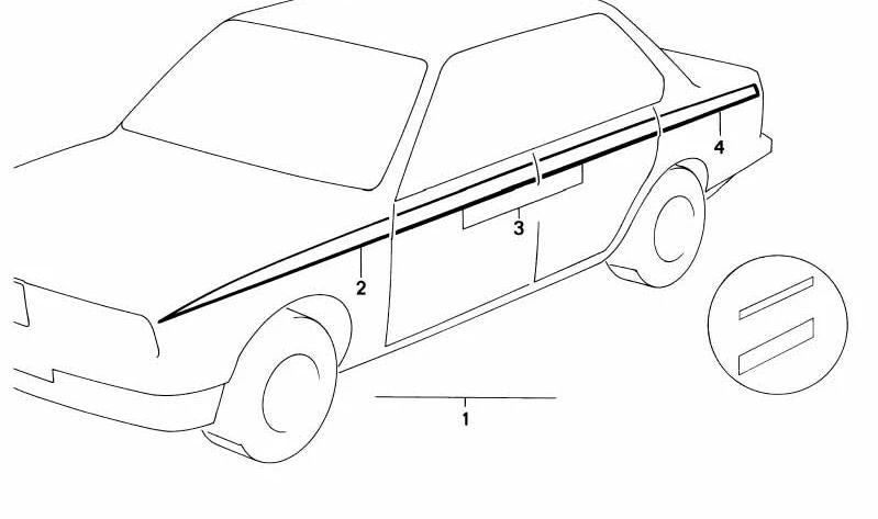 Adhesivo decorativo negro delantero izquierdo OEM 51141866635 para BMW E21, E30, E12, E28, E24, E23. Original BMW.