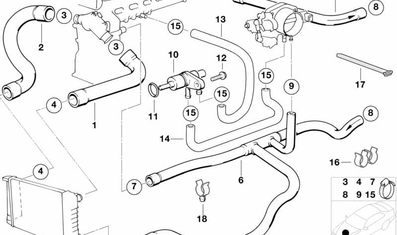 Water hose for BMW 5 Series E34 (OEM 11531730512). Original BMW