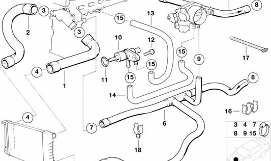 Water hose for BMW 5 Series E34 (OEM 11531730512). Original BMW