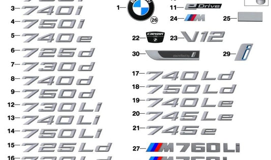 Emblema "Schriftzug" ha lasciato OEM laterale 51145A2E8F3 per BMW G11, G12. BMW originale.