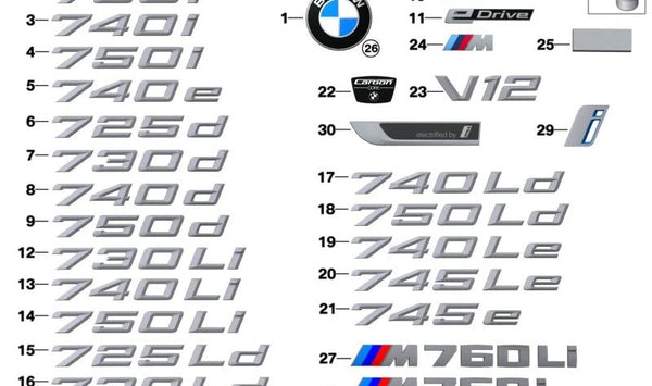 Emblema "Schriftzug" lateral izquierdo OEM 51145A2E8F3 para BMW G11, G12. Original BMW.