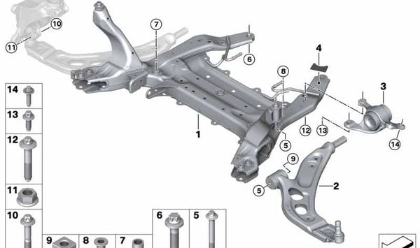 Brazo oscilante con cojinete de goma derecho para BMW F52, F45, F49, F39 (OEM 31126883018). Original BMW