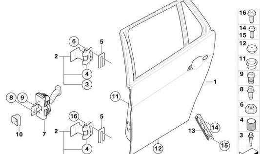 Bisagra de puerta trasera superior derecha OEM 41527046052 para BMW E87, E90, E91. Original BMW.