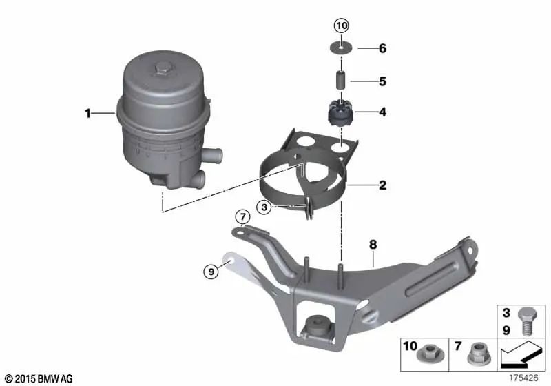 Soporte depósito de aceite dirección activa para BMW Serie 3 E90, E91, E92, E93 (OEM 32416766844). Original BMW.